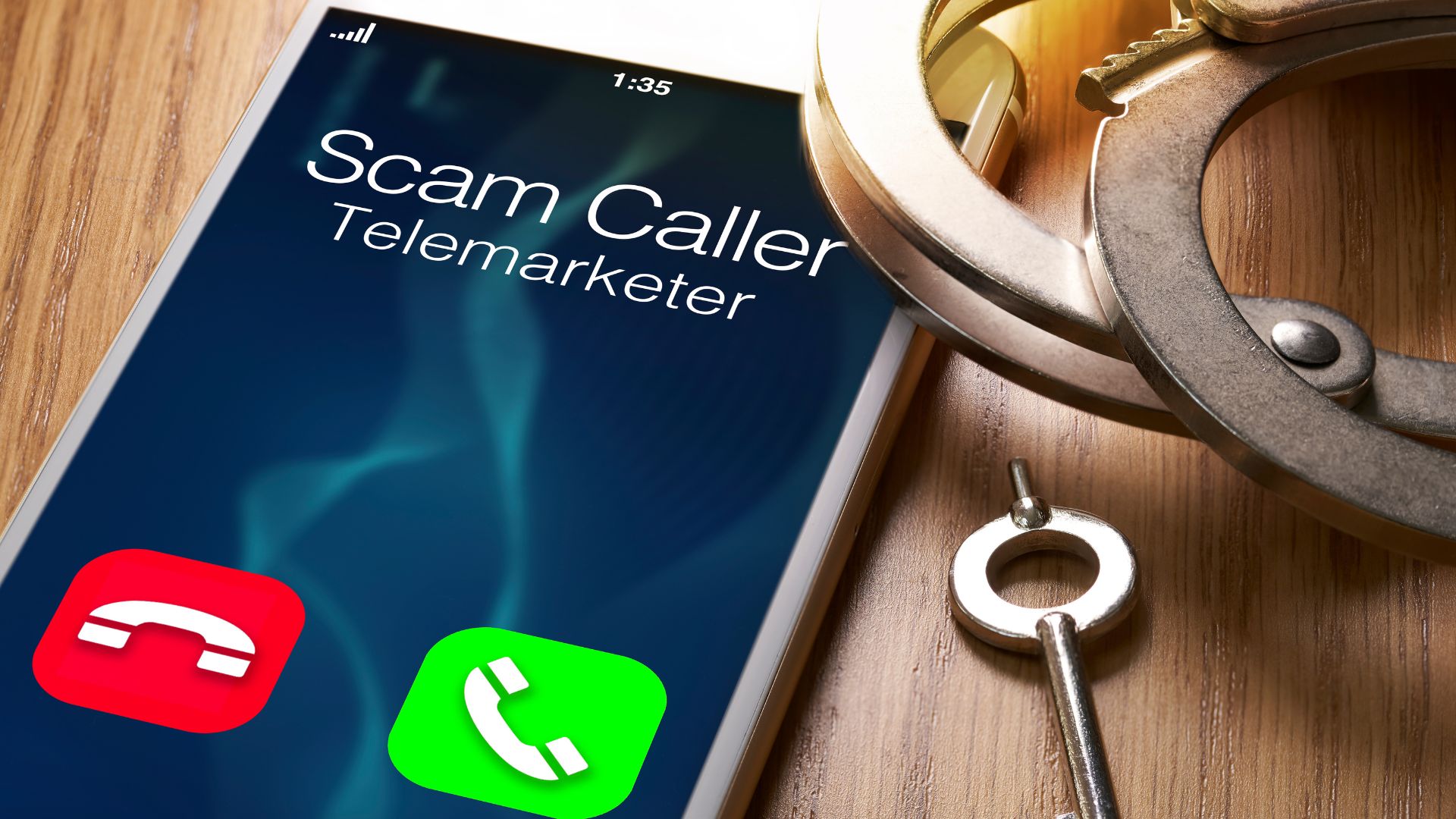 iphone with "Scam Caller Telemarketer" on it.  Handcuffs and key are off to the right of the iphhone.